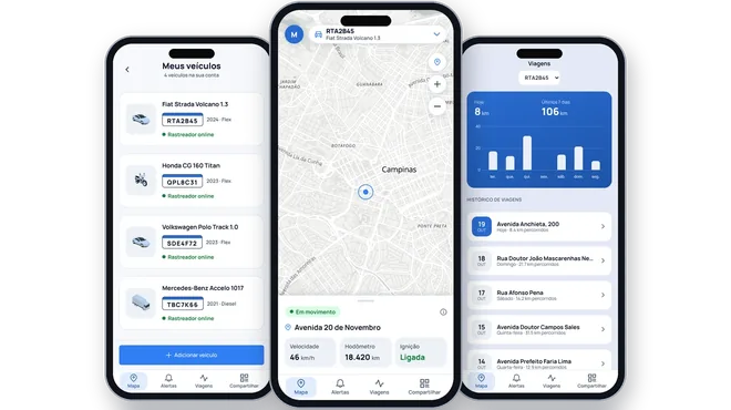 Telas do app VeloVia: lista de veículos, mapa em tempo real e telemetria